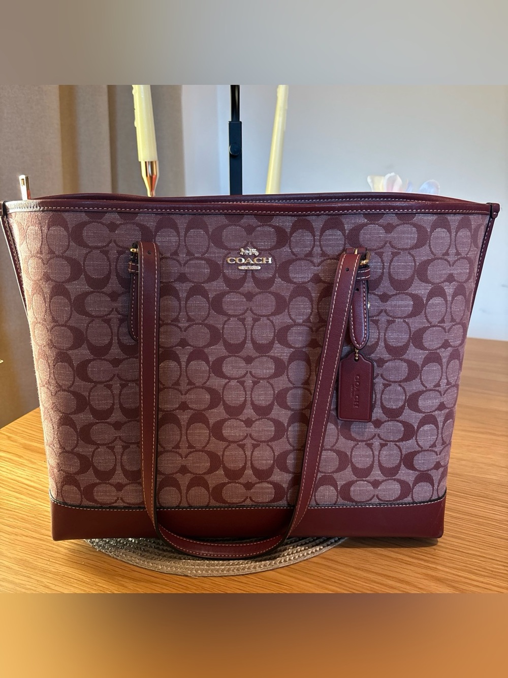 Coach (CH227) Mollie Wine Signature Denim Chambray Canvas Leather Tote Handbag